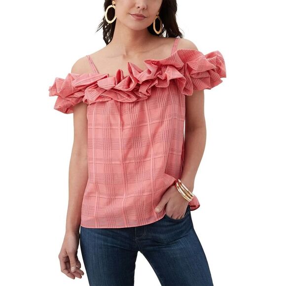 New Trina Turk Primrose Top Women  Silk blend Ruffles Cold Shoulder Size Large - Picture 1 of 7